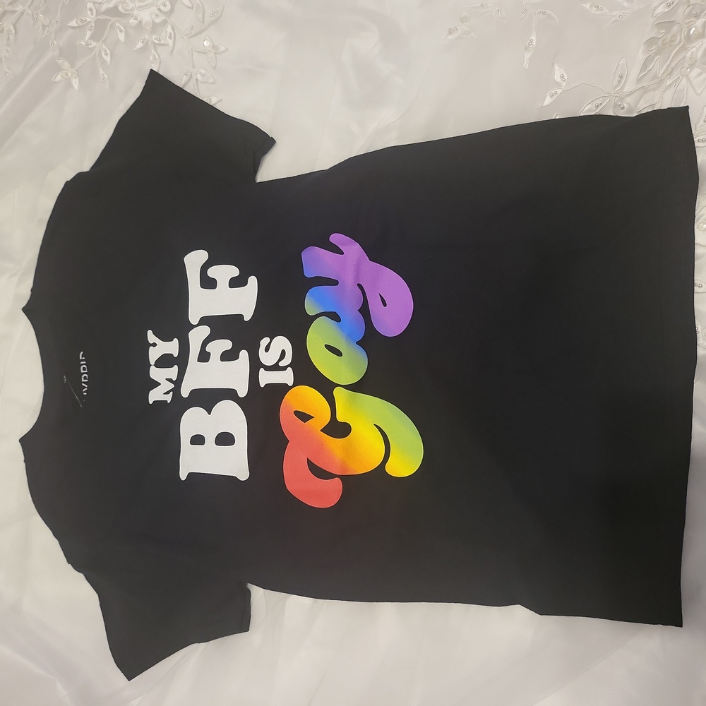 My BFF is Gay tee shirt made by Hybrid, black in color